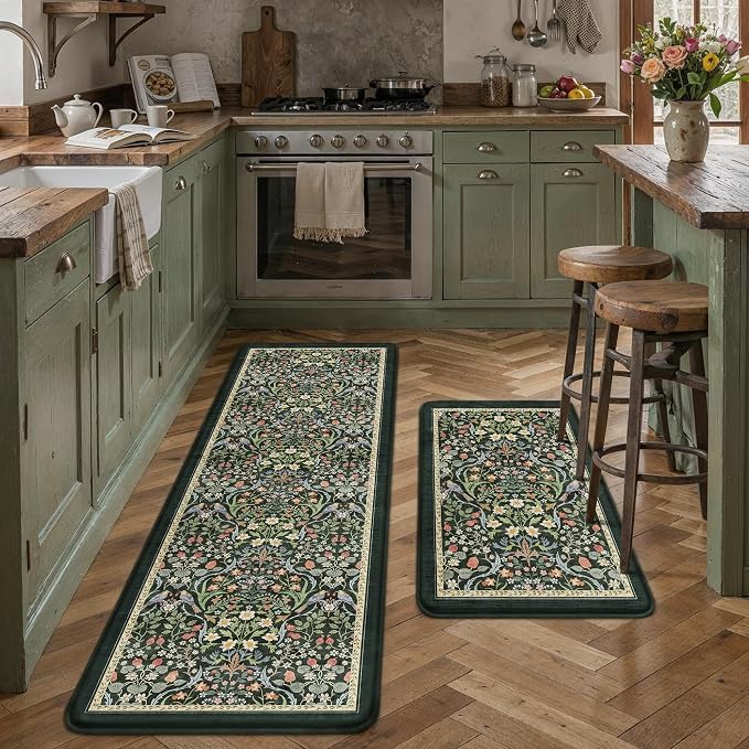 PureCozy Kitchen Mats for Floor 2PCS Anti Fatigue Cushioned Mat Non Slip Comfort Kitchen Rugs Vintage Floral Waterproof Standing Dark Green Mat for Sink Laundry Office Desk 17.3"x59"+17.3"x30"