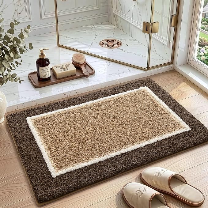 DEXI Bathroom Rugs 24x16, Absorbent Extra Soft Plush Microfiber Bath Mat for Bathroom, Non Slip Washable Bathmat Quick Dry for Shower Floor, Sink, Tub, Laundry Room, Brown and Dark Beige
