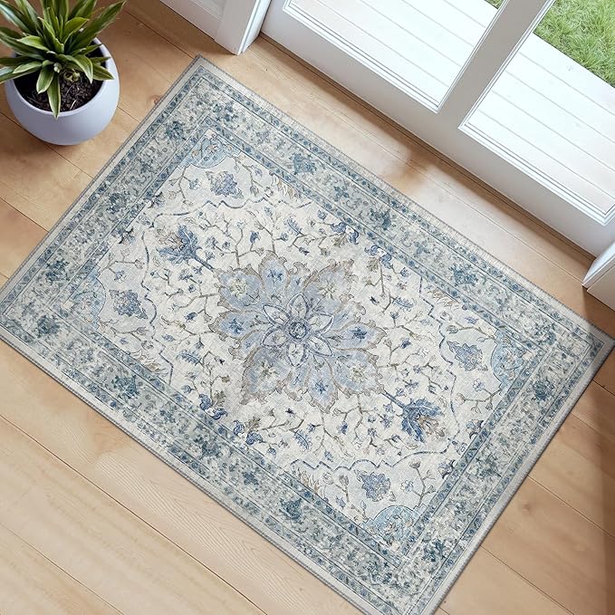 RELEANY Area Rugs Small 2'x3' Washable Non-Slip, Floral Vintage Distress Medallion Carpet for Kitchen Entryway Bathroom, Light Blue Navy Gray White