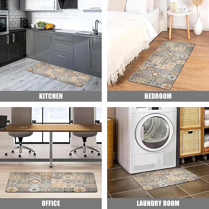 Boho Kitchen Rugs Set 2 Memory Foam Colorful Ceramic Comfort Tile Floor Mat Anti Fatigue Non-Skid PVC Runner Rug Water & Oil Proof Carpet for Kitchen Laundry Sink,17.3x28+17.3x47 Inch, C3