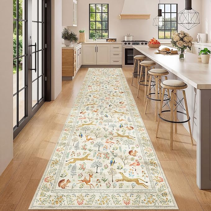 DUKINO 3x12 Runner Rug, Non Slip Animal Print Runner Rug for Hallway, Vintage Low Pile & Stain Resistant Soft Indoor Long Carpet Runner for Kitchen, Bathroom, Laundry, Bedroom, Beige
