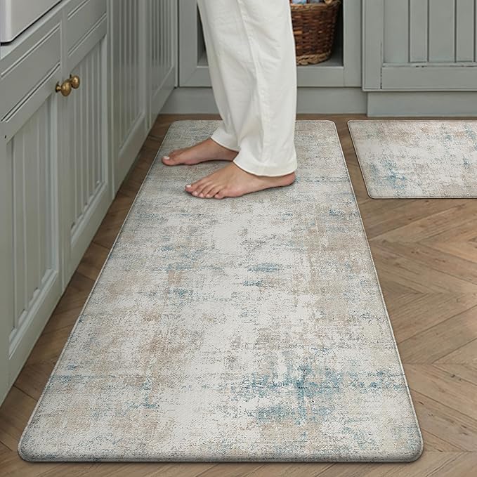 Kitchen Mats for Floor Set of 2 Anti Fatigue Waterproof Kitchen Rug Beige Blue Abstract Cushioned Non-Slip Kitchen Mats Comfort Standing Neutral Mat for Sink Laundry Office 17.3"×47"+17.3"×30"