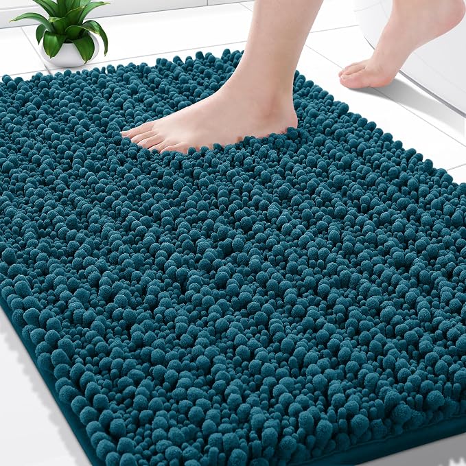 Yimobra Bathroom Rugs Non Slip Washable - Ultra Soft Absorbent Chenille Bath Mat, Quick Dry Shaggy Floor Carpet for Tub Shower, Rustic Turquoise Home Decor Accessories, 24x17 Inch
