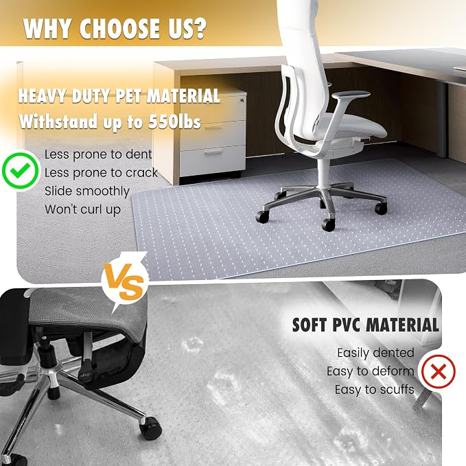 BesWin Office Chair Mat for Carpet, 2 Pack 32" x 55" Heavy Duty Hard Computer Desk Chair Mat for Carpeted Floors, Anti-Slip Carpeted Floor Protector for Home Office, Smooth Glide, Ship Flat