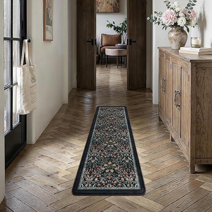 PureCozy Kitchen Mats for Floor 2PCS Anti Fatigue Cushioned Mat Non Slip Comfort Kitchen Rugs Vintage Floral Waterproof Standing Dark Blue Mat for Sink Laundry Office Desk 17.3"x47"+17.3"x30"