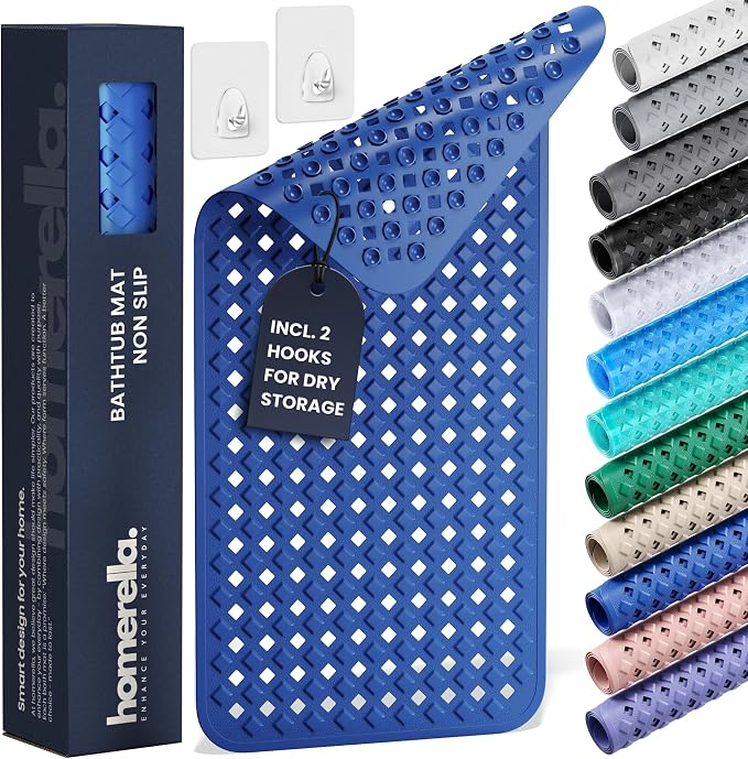 Bathtub Mat Non Slip 35x16 - homerella® Bath Mat Incl. Hooks for Drying, Extra Long, 100% BPA Free, Shower Mat Non Slip Anti Mold, Machine Washable, Shower Mats for Inside Shower Mildew Resistant