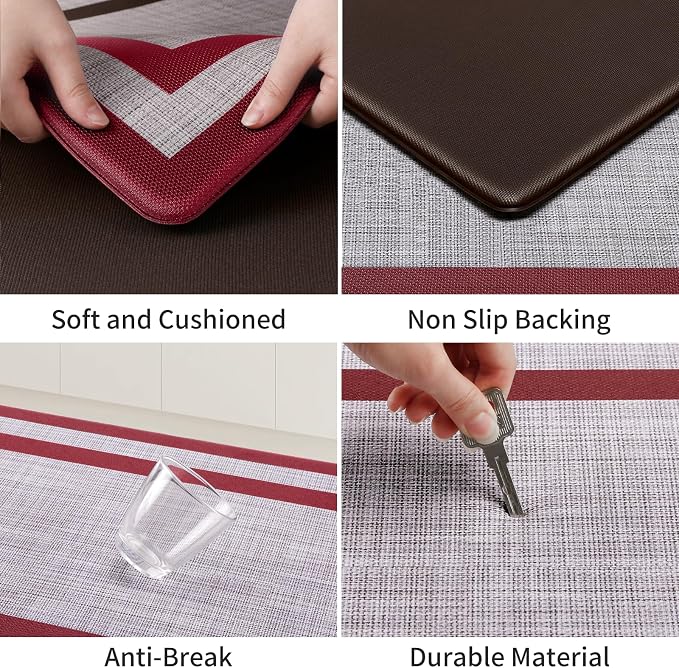 Mattitude Kitchen Mats Set of 2 Cushioned 0.47 inch Thick Rugs Non-Skid Waterproof Mats and Ergonomic Comfort Standing for Floor, Office, Sink,Laundry,Red