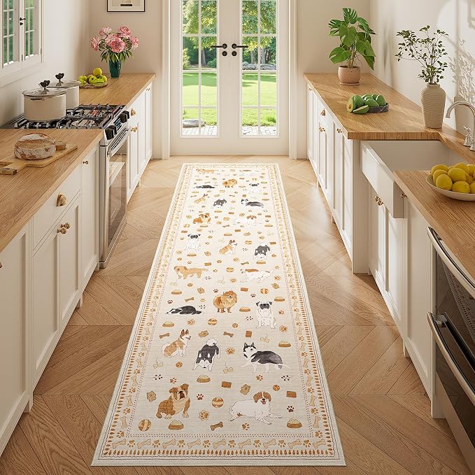 DUKINO 2x6 Washable Runner Rug for Hallway, Non Slip Animal Dog Kitchen Rug with Low Pile Design, Soft Stain Resistant Indoor Carpert Runner for Entryway, Bedroom, Laundry, Bathroom, Beige Yellow