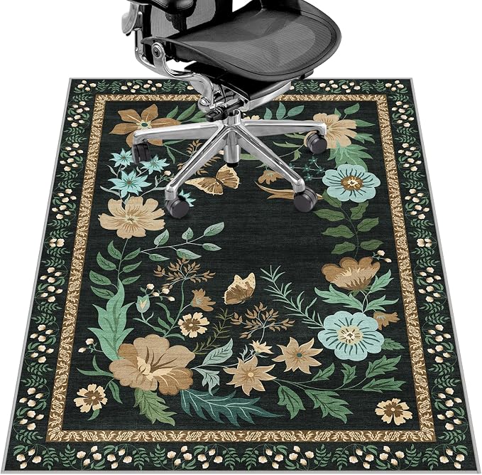 Office Chair Mat for Hardwood Floor&Tile Floor,36"x48" Heavy Duty Desk Chair Mat for Hard Floors,Under Desk Rug for Rolling Computer Chair,Anti Slip,Low Pile Carpet Floor-Square Frame Colorful Flowers