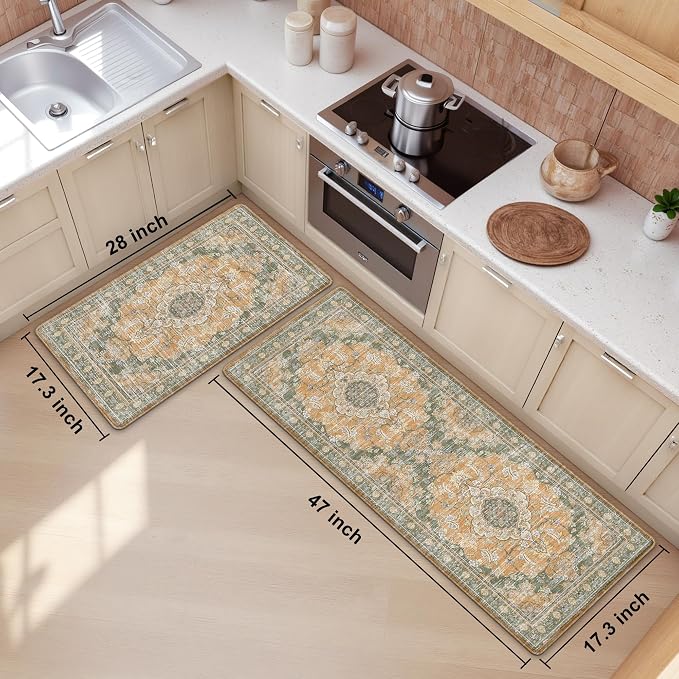 Boho Kitchen Mats for Floor 2 Piece Set Anti Fatigue Cushioned PVC Kitchen Rugs Non Slip Waterproof Farmhouse Mats 2/5 Inch Comfort Standing Mat for Sink, Laundry, 17.3"x47"+17.3"x28", Green Orange