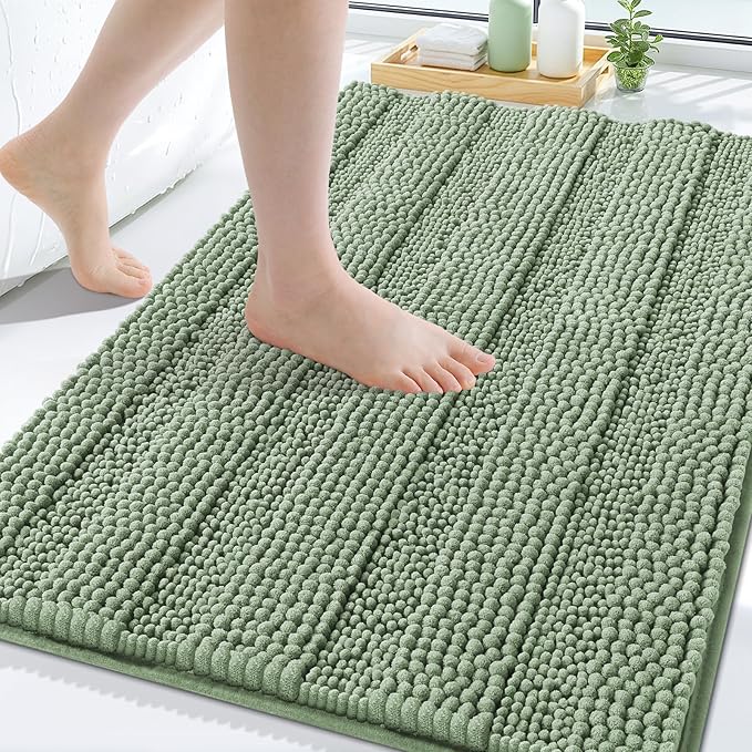 Grandaily Chenille Striped Bathroom Rugs 44x32, Extra Thick and Soft Absorbent Bath Mats, Rubber Backing, Plush Shaggy Shower Carpet, Machine Wash Dry, Bath Rug for Bathroom, Grayish Green