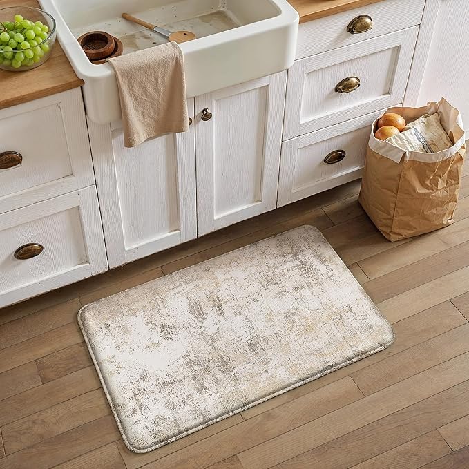 Kitchen Mats for Floor Set of 2 Thick Anti Fatigue Waterproof Kitchen Rug Beige Grey Abstract Cushioned Non-Slip Comfort Standing Mat for Sink Laundry Office 17.3"×47"+17.3"×30"