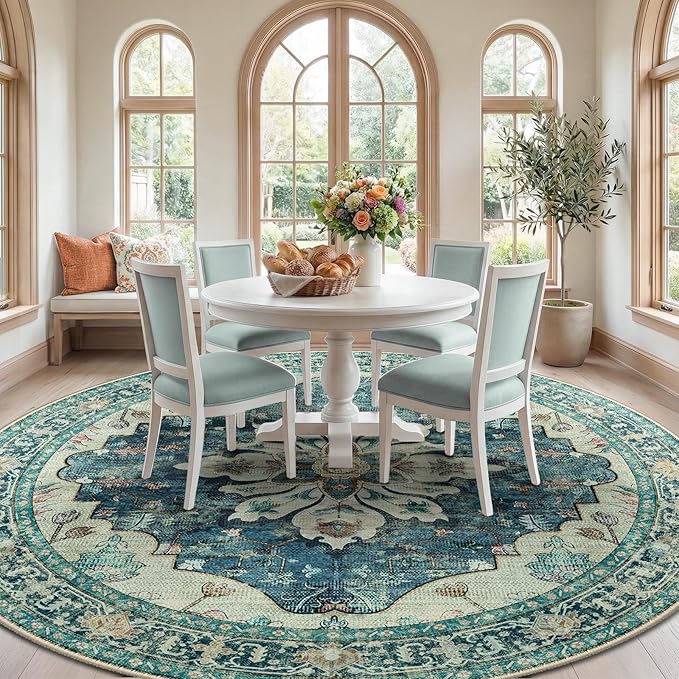 RELEANY Area Rugs Round 10ft Washable Non-Slip, Floral Vintage Distress Medallion Carpet for Living Room Bedroom Dining Room, Dark Blue Vintage