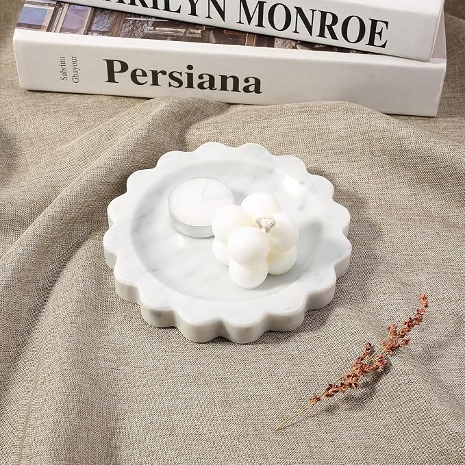 Koville 5.51" Scalloped Marble Tray, Round Stone Jewelry Trinket Dish for Ring, Natural Small Marble Tray for Bathroom Kitchen Dresser Countertop, Decorative Candle Tray(Bianco Carrara)