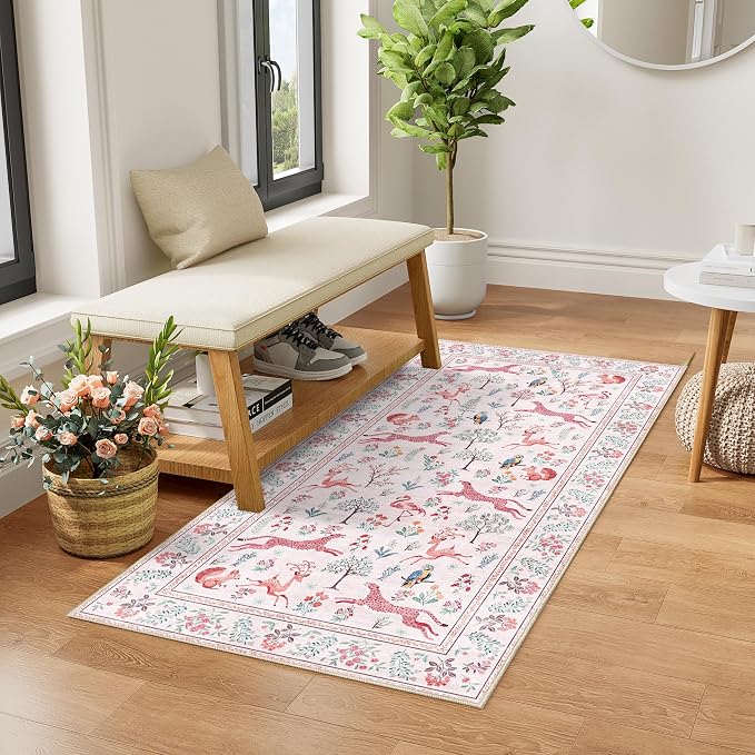 DUKINO 2x4 Rug for Hallway, Washable Kitchen Runner Rug with Non Slip Backing, Soft Low Pile Vintage Animal Runner for Bedroom, Kitchen, Hallway, Entryway, Laundry, Pink