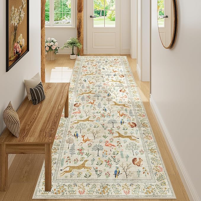 DUKINO 3x8 Washable Runner Rug, Low Pile Animal Print Non Slip Long Runner Rug for Kitchen, Lightweight & Non Shedding Indoor Carpet for Hallway, Kitchen, Entryway, Bathroom, Laundry, Beige