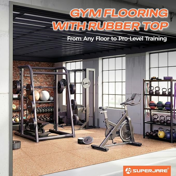 SUPERJARE 0.56'' Thick 12 Pcs 48 Sq Ft Rubber Top Exercise Equipment Mats, High Density EVA Foam Mats with Rubber Top, Interlocking Gym Flooring for Home Gym, Protective Workout Mat, Wood