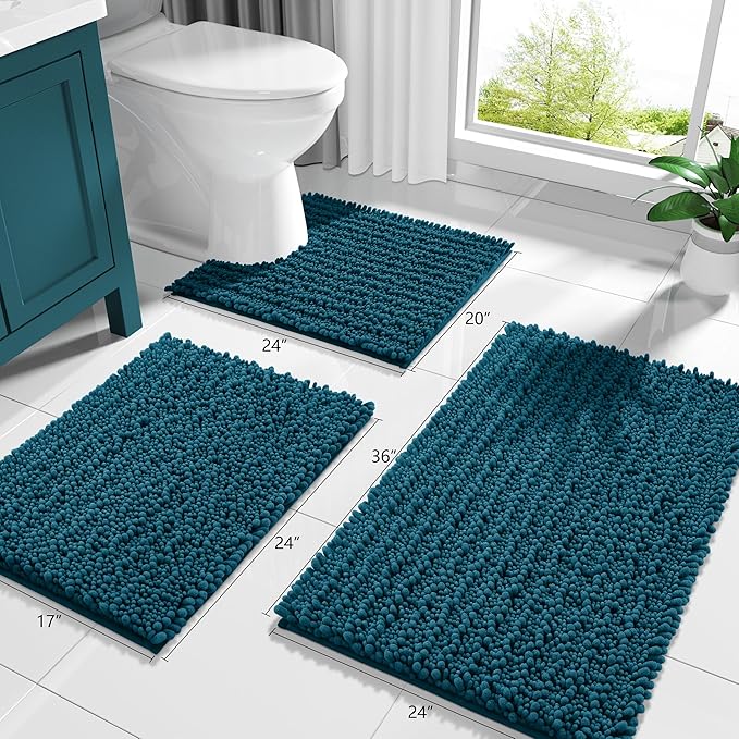 Yimobra Bathroom Rugs Non Slip Washable - Ultra Soft Absorbent Chenille Bath Mat, Quick Dry Shaggy Floor Carpet for Tub Shower, Rustic Turquoise Home Decor Accessories, 24x17 Inch