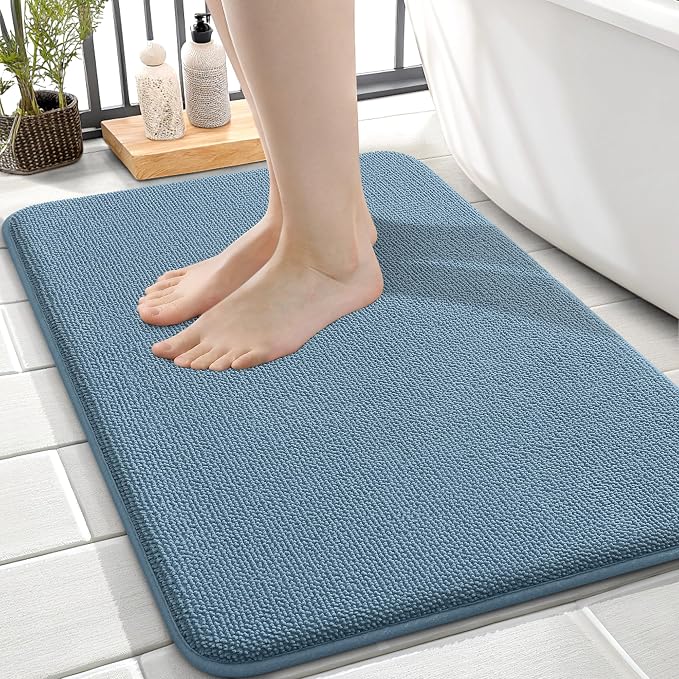 OLANLY Thick Memory Foam Small Bathroom Rugs 24x16, Extra Soft Absorbent Bath Rug, Quick Dry Bath Mat, Non-Slip, Machine Washable Carpet for Bathroom, Tub and Shower, Home Decor Accessories, Airy Blue