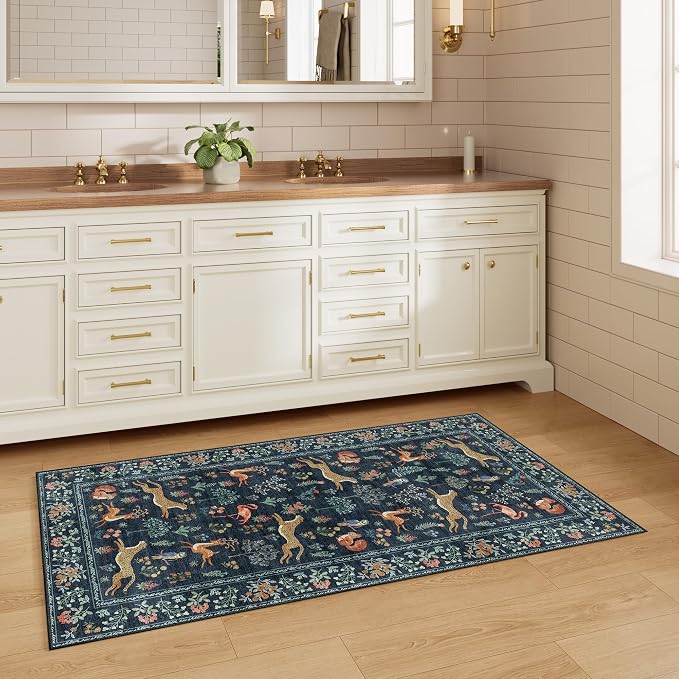 DUKINO 2x4 Rug for Hallway, Washable Kitchen Runner Rug with Non Slip Backing, Soft Low Pile Vintage Animal Runner for Bedroom, Kitchen, Hallway, Entryway, Laundry, Navy Blue