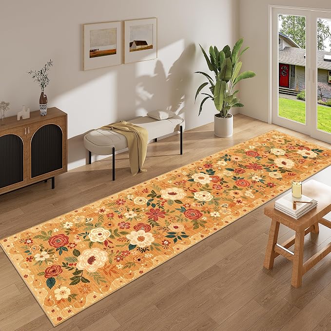 DUKINO Runner Rug for Hallway, 2.6x10 Washable Floral Long Kitchen Rug with Non Slip Backing, Lightweight & Stain Resistant Soft Runners for Indoor Entrance, Laundry, Living Room, Bedroom, Orange