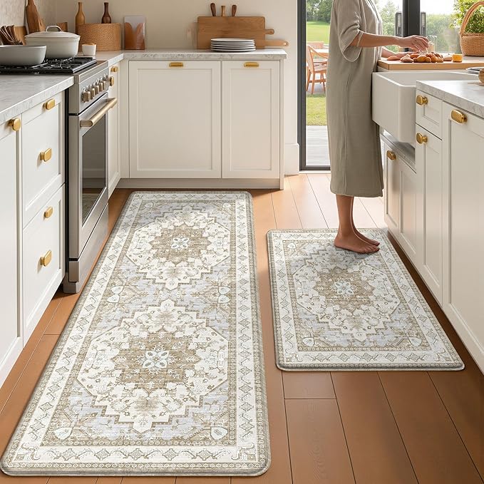 Boho Kitchen Mats for Floor 2 Piece Set Anti Fatigue Cushioned PVC Kitchen Rugs Non Slip Waterproof Farmhouse Mats 2/5 Inch Comfort Standing Mat for Sink, Laundry, 23.6"x39"+23.6"x59",C4