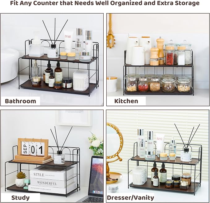 Edergoo Bathroom Counter Organizer 10s Tool-Free Install, 2 Tier Bathroom Organizers and Storage, Collapsible Bathroom Organizer Countertop, Wood Bathroom Kitchen Countertop Organizer, Black
