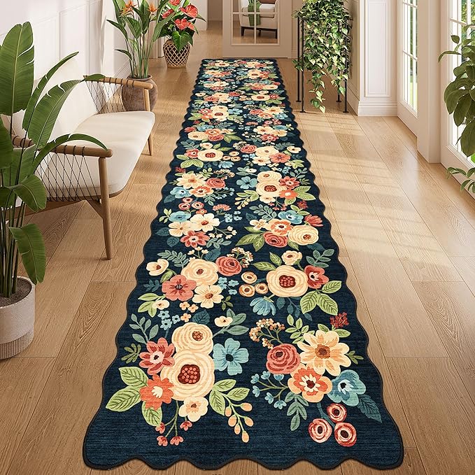 DUKINO 2.6x12 Runner Rug for Hallway, Non Slip Floral Washable Kitchen Rug with Low Pile Design, Boho Stain Resistant Floor Carpet Runner for Entryway, Bathroom, Laundry, Bedroom, Navy Blue
