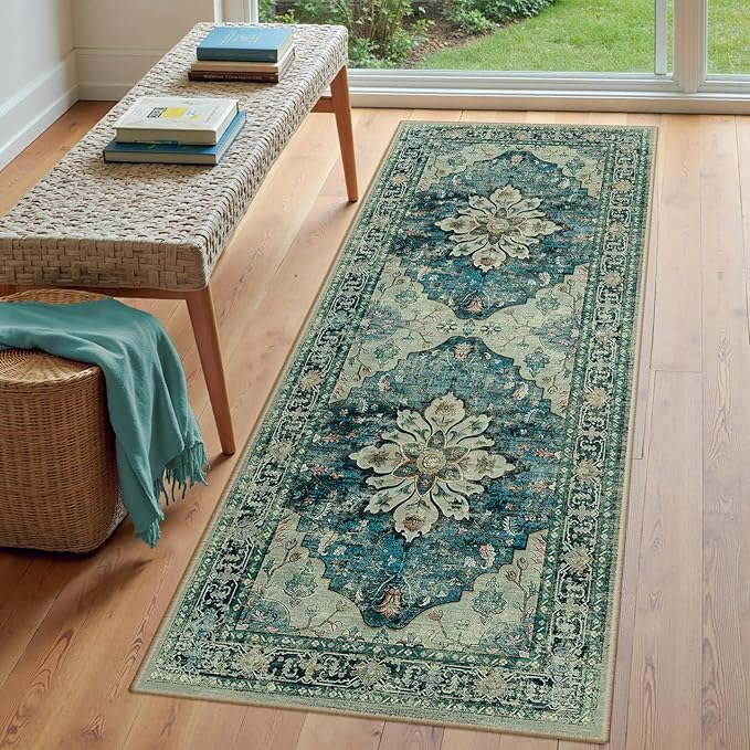 RELEANY Area Rugs Runner 3'x7' Washable Non-Slip, Floral Vintage Distress Medallion Carpet for Kitchen Hallway Bedroom Beside Laundry Room Bathroom, Dark Blue Vintage