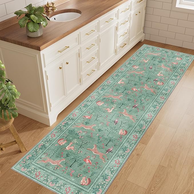 DUKINO 2.6x8 Rug for Hallway, Washable Kitchen Runner Rug with Non Slip Backing, Soft Low Pile Vintage Animal Runner for Bedroom, Kitchen, Hallway, Entryway, Laundry, Teal