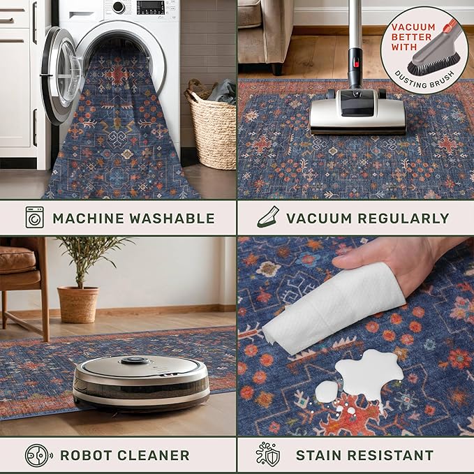 Washable 12 ft Long Runner for Hallway - Navy Blue Kitchen Floor Runner Rug, Pet Friendly Vintage Non Slip with Rubber Backing, Stain Resistant Laundry Room Rug (3x12 Navy Blue & Terracotta)