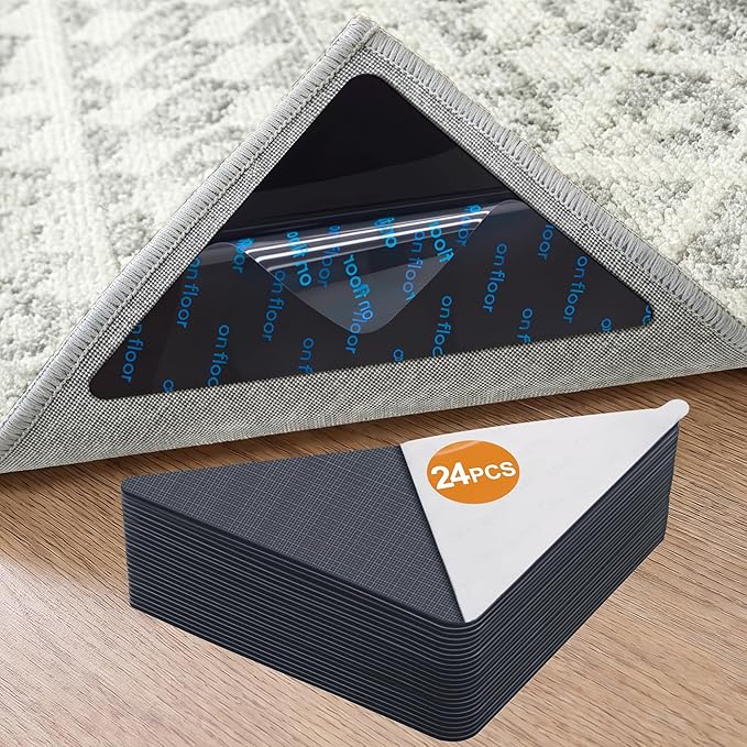 24 Pcs Rug Tape,Anti Slip Rug Pads Grippers for Hardwood Floors and Tiles,with Strong Adhesive Grid Backing -No Residue,Reusable Carpet Tape, Double-Sided Adhesive Rug Stickers