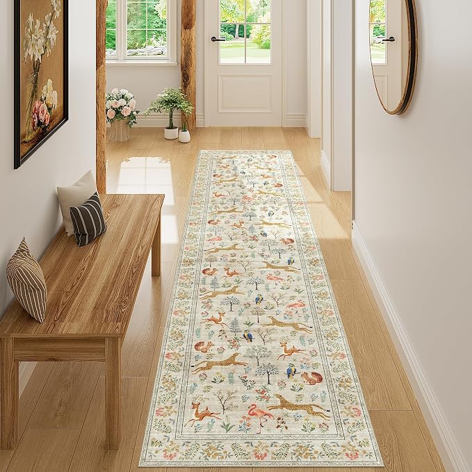 DUKINO Runner Rug, 2x8 Washable Kitchen Rugs for Hallways with Non Slip Backing, Soft Low Pile Vintage Animal Runner for Kitchen, Hallway, Entryway, Laundry, Bedroom, Beige