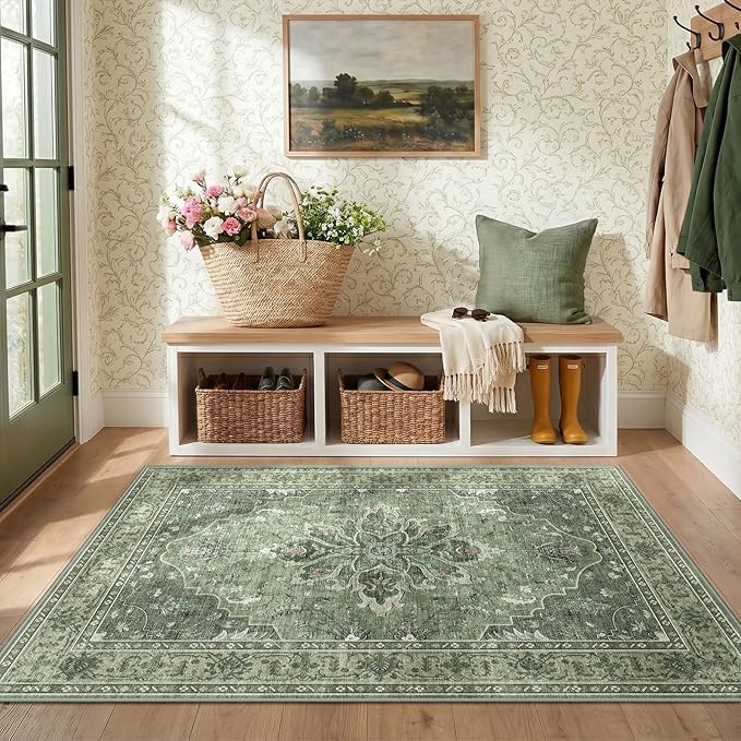 RELEANY Area Rugs 3'x4' Washable Non-Slip, Floral Vintage Distress Medallion Carpet for Living Room Bedroom Dining Room, Dark Green Gray