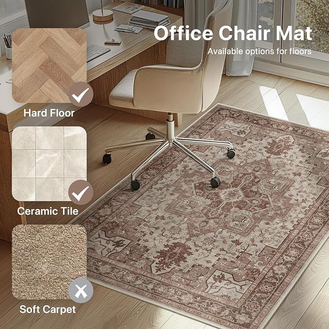 36"x48" Office Chair Mat for Hardwood Tile Floor, Under Desk Carpet Protector for Rolling Computer Chair Mat, Machine Washable Area Rug, Anti-Slip 1/5" Thick Low Pile Thin Vinyl Floor Mat, Brown Red