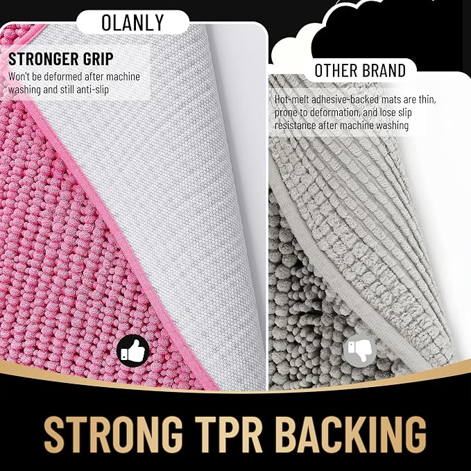 OLANLY Thick Small Bathroom Rugs 24x16, Extra Soft Absorbent Chenille Bath Rugs, Rubber Backing, Machine Wash Dry, Bath Mats for Bathroom Floor, Tub and Shower, Home Decor Accessories, Hot Pink