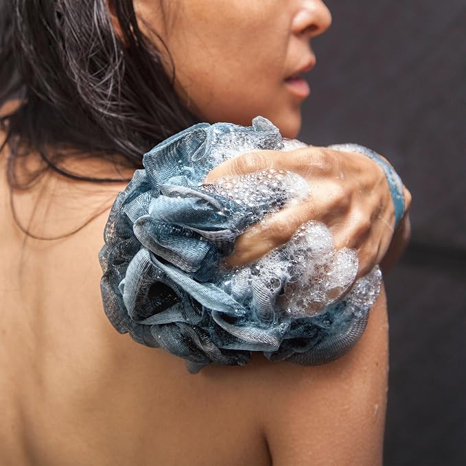 Toem® Loofah Back Scrubber for Shower | Bamboo Charcoal Fiber Infused | Loufas for Men & Women | Includes 1 Long Handled Shower Sponge, 1 Bath & Shower Luffa Pouf & 1 Hook to Hang Stuff (Sky Blue)