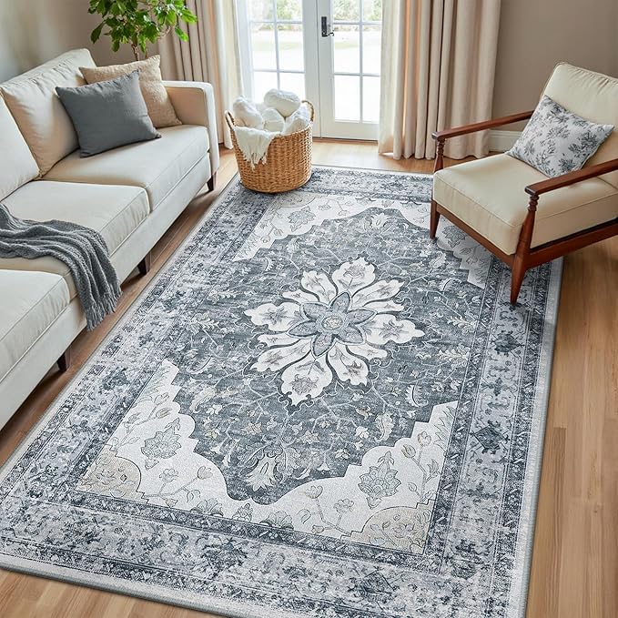 RELEANY Area Rugs 5'x8' Washable Non-Slip, Floral Vintage Distress Medallion Carpet for Living Room Bedroom Dining Room, Light Gray Grey White
