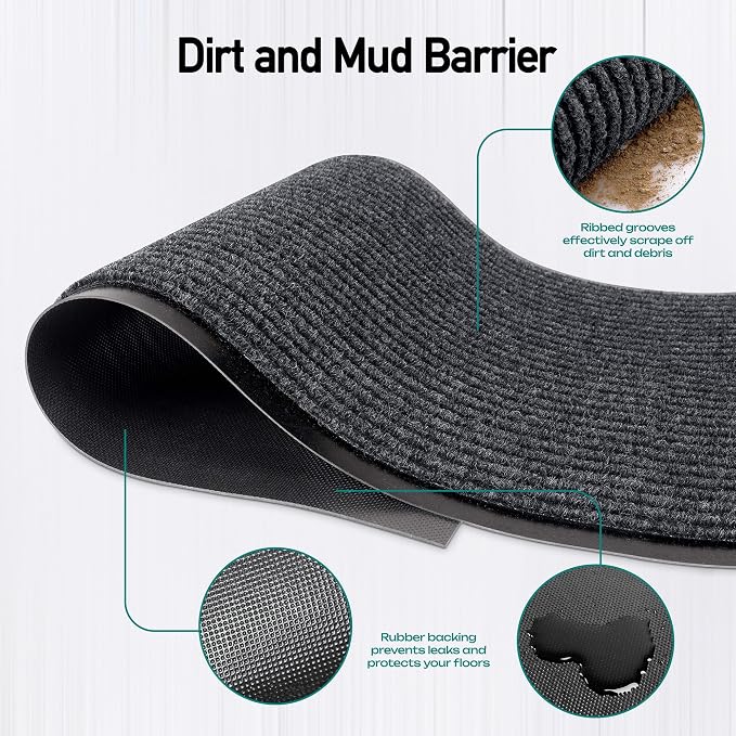 Durable Rubber Door Mat - Heavy Duty, Indoor/Outdoor, Easy Clean, Waterproof, Low-Profile Mat for Entry, Patio, Garage - Stylish (Charcoal, 16' x 3' (Mud Trapper))
