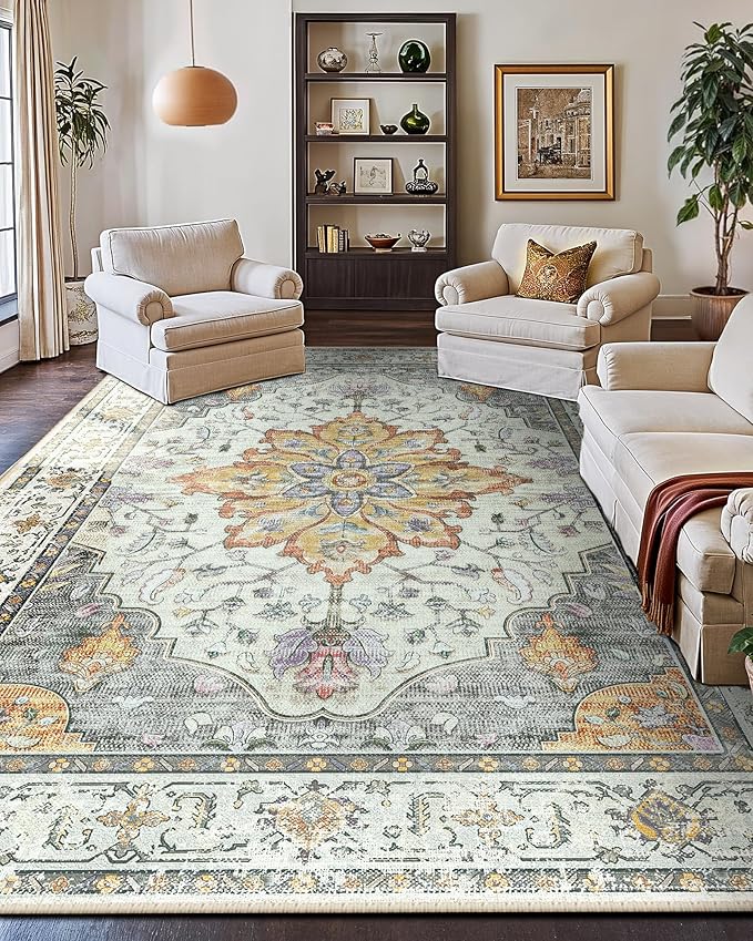 RELEANY Area Rugs Large 9'x12' Washable Non-Slip, Floral Vintage Distress Medallion Carpet for Living Room Bedroom Dining Room, Beige Carbon Grey Orange