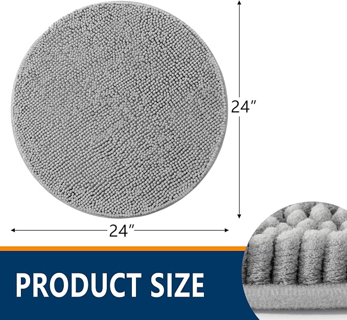 Smiry Luxury Chenille Round 24x24, Extra Soft and Absorbent Shaggy Bathroom Mat Rugs, Machine Washable, Non-Slip Plush Carpet for Tub, Shower, and Bath Room, Light Grey