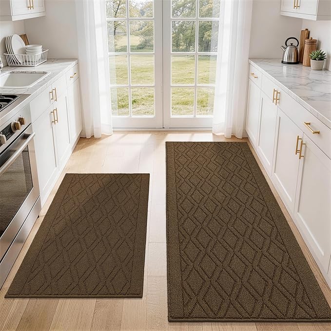 COSY HOMEER 60x24Inch/35X24Inch Kitchen Rugs Sets Non-Slip Washable Kitchen Mats for Floor Polypropylene Absorbent Kitchen Runner for Kitchen Sink Hallway Entryway(Brown)
