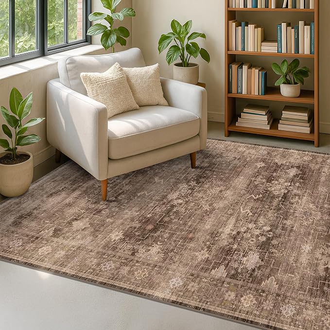 Hazo Haus Boho Brown Living Room Rug 6x8 - Modern Vintage Traditional Oriental Taupe Neutral, Washable Low Pile Non-Slip Extra Large Area Rugs for Dining Under Table Bedroom Lounge