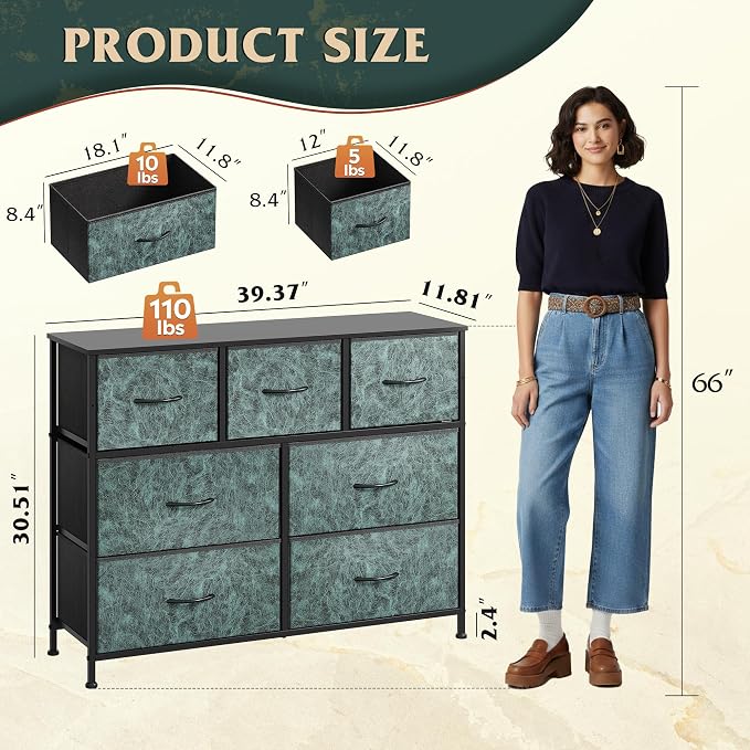WLIVE 7 Drawer Dresser TV Stand, Entertainment Center, Media Console Table with Metal Frame and Wood Top for TV up to 45 inch, Chest of Drawers for Bedroom, Living Room, Vintage Green
