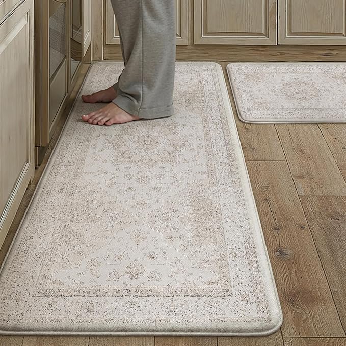 PureCozy Kitchen Mats 2PCS Anti Fatigue Cushioned Mat Beige Vintage Kitchen Mats for Floor Waterproof Non Slip Comfort Standing Oriental Medallion Rug for Sink Laundry Office 17.3"x47"+17.3"x30"