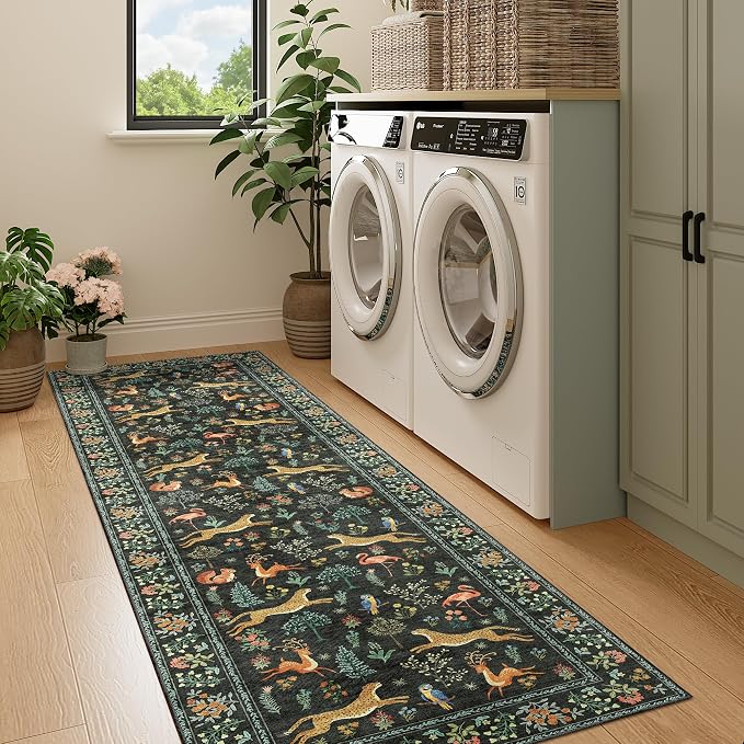 DUKINO Runner Rug, 2x7 Washable Kitchen Rugs for Hallways with Non Slip Backing, Soft Low Pile Vintage Animal Runner for Kitchen, Hallway, Entryway, Laundry, Bedroom, Black