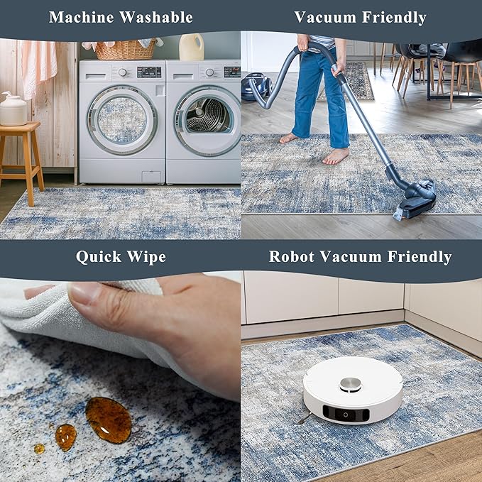 Kitchen Mats for Floor 3 Piece Set, Washable Non-Slip Farmhouse Kitchen Rugs for Hardwood Floor, Rustic Floral Boho Runner Rug for Sink,Entryway & Hallway & Bathroom (Blue/Grey/Ivory,2x3+2x4+2x5)