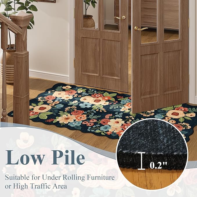 DUKINO 2x8 Washable Runner Rug, Lightweight Soft Floral Hallway Rug Runner with Low Pile Design, Non Shedding & Non Slip Backing Thin Indoor Carpet for Bedroom, Bathroom, Entrance, Kitchen, Navy Blue