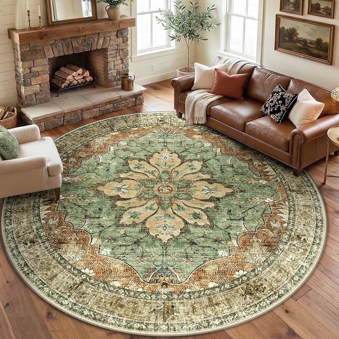 RELEANY Area Rugs Round 8ft Washable Non-Slip, Floral Vintage Distress Medallion Carpet for Living Room Bedroom Dining Room, Terracotta Burnt Orange Green