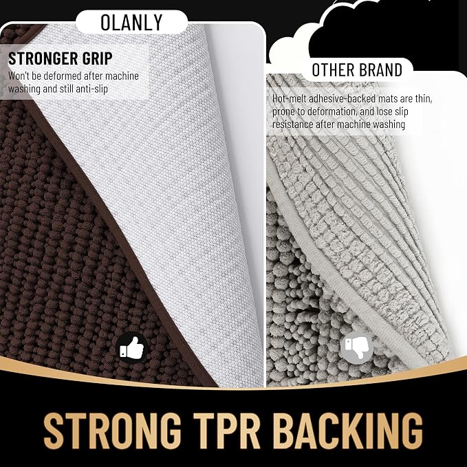 OLANLY Thick Large Bathroom Rugs 40x32, Extra Soft Absorbent Chenille Bath Rugs, Rubber Backing, Machine Wash Dry, Bath Mats for Bathroom Floor, Tub and Shower, Home Decor Accessories, Brown